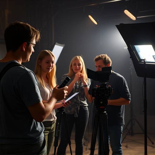 Students collaborating on a film set